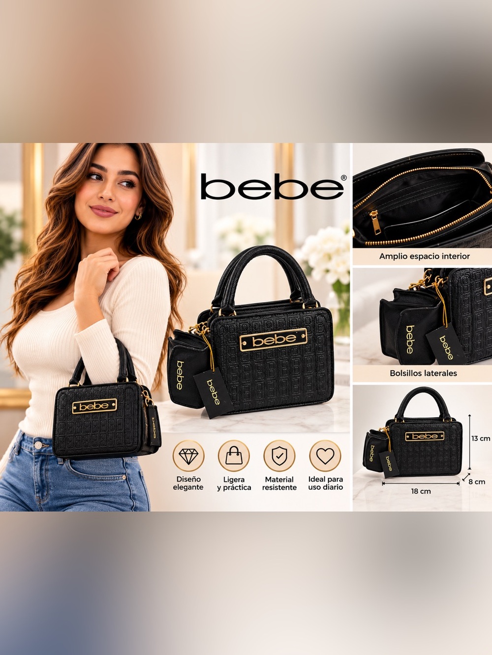 bebe Black Mini Embossed Satchel with Gold Accents